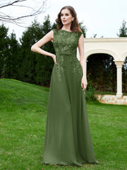 Robe Appliquée de A-ligne en Mousseline et Dentelle Mousse