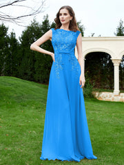 Robe Appliquée de A-ligne en Mousseline et Dentelle Bleu Océan Grande Taille
