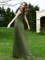 Robe Appliquée de A-ligne en Mousseline et Dentelle Olive Verte Grande Taille