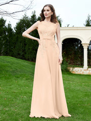 Robe Appliquée de A-ligne en Mousseline et Dentelle Pêche