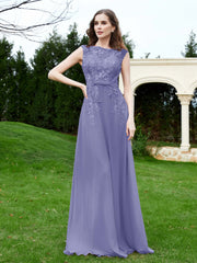Robe Appliquée de A-ligne en Mousseline et Dentelle Pervenche