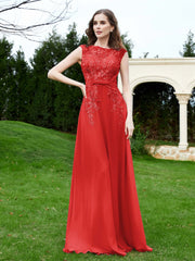 Robe Appliquée de A-ligne en Mousseline et Dentelle Rouge