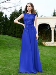 Robe Appliquée de A-ligne en Mousseline et Dentelle Bleu Royale Grande Taille