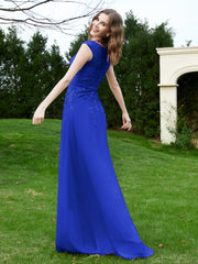 Robe Appliquée de A-ligne en Mousseline et Dentelle Bleu Royale Grande Taille