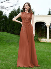 Robe Appliquée de A-ligne en Mousseline et Dentelle Rouille Grande Taille