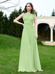 Robe Appliquée de A-ligne en Mousseline et Dentelle Sauge