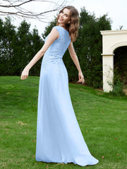 Robe Appliquée de A-ligne en Mousseline et Dentelle Bleu Ciel Grande Taille