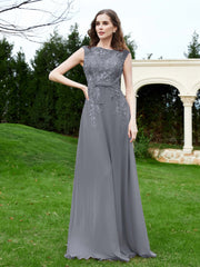 Robe Appliquée de A-ligne en Mousseline et Dentelle Gris Acier