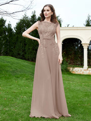 Robe Appliquée de A-ligne en Mousseline et Dentelle Taupe