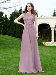 Robe Appliquée de A-ligne en Mousseline et Dentelle Vintage Mauve