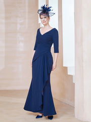 Robe de A-ligne Plissée en Mousseline Longueur au Sol Bleu Marine Clair