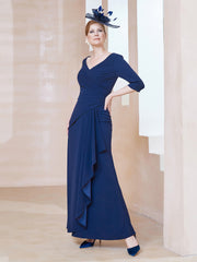 Robe de A-ligne Plissée en Mousseline Longueur au Sol Bleu Marine Clair