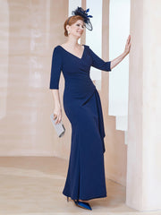 Robe de A-ligne Plissée en Mousseline Longueur au Sol Bleu Marine Clair