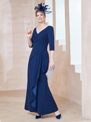 Robe de A-ligne Plissée en Mousseline Longueur au Sol Bleu Marine Clair