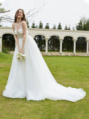 Robe de Mariée Appliquée en Dentelle à Col Illusion Blanc