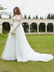 Robe de Mariée Appliquée en Dentelle à Col Illusion Blanc