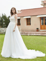Robe de Mariée Appliquée en Dentelle à Col Illusion Blanc