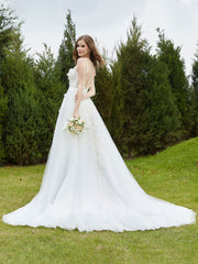 Robe de Mariée Appliquée en Dentelle à Col Illusion Champagne