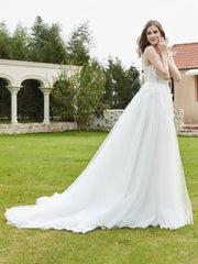 Robe de Mariée Appliquée en Dentelle à Col Illusion Champagne