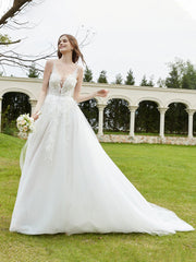 Robe de Mariée Appliquée en Dentelle à Col Illusion Champagne