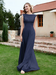 Robe de A-ligne en Mousseline avec Décolleté Illusion Bleu Marine Grande Taille