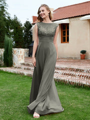 Robe de A-ligne en Mousseline avec Décolleté Illusion Gris Acier Grande Taille