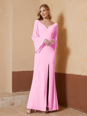 Robe Fourreau à Col en V en Mousseline avec Manches Longues Rose Bonbon Grande Taille