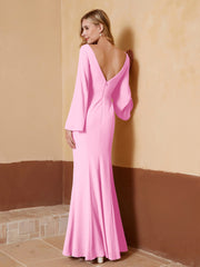 Robe Fourreau à Col en V en Mousseline avec Manches Longues Rose Bonbon Grande Taille