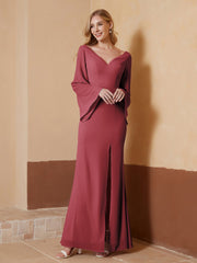 Robe Fourreau à Col en V en Mousseline avec Manches Longues Cannelle Rose