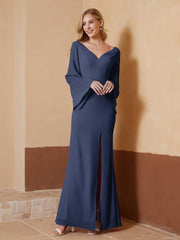 Robe Fourreau à Col en V en Mousseline avec Manches Longues Bleu Marine Grande Taille