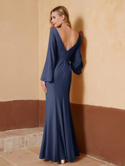 Robe Fourreau à Col en V en Mousseline avec Manches Longues Bleu Marine Grande Taille