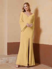 Robe Fourreau à Col en V en Mousseline avec Manches Longues Or