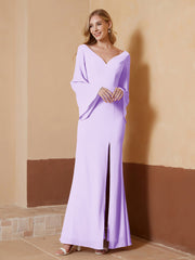 Robe Fourreau à Col en V en Mousseline avec Manches Longues Lilas Grande Taille