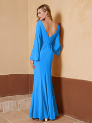 Robe Fourreau à Col en V en Mousseline avec Manches Longues Bleu Océan Grande Taille