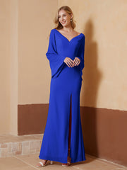 Robe Fourreau à Col en V en Mousseline avec Manches Longues Bleu Royale Grande Taille
