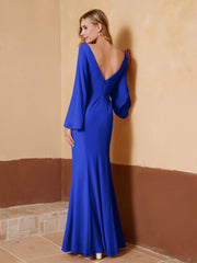 Robe Fourreau à Col en V en Mousseline avec Manches Longues Bleu Royale Grande Taille