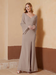 Robe Fourreau à Col en V en Mousseline avec Manches Longues Taupe Grande Taille