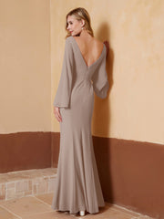 Robe Fourreau à Col en V en Mousseline avec Manches Longues Taupe Grande Taille
