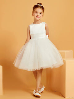 Robe de Fille Sans Manches en Tulle/Satin avec Longueur aux Genoux