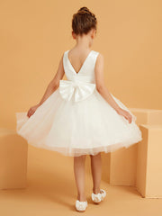 Robe de Fille Sans Manches en Tulle/Satin avec Longueur aux Genoux