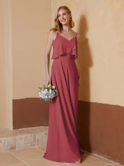 Robe de A-ligne à Col en V en Mousseline Longueur au Sol Cannelle Rose Grande Taille