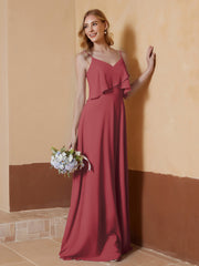 Robe de A-ligne à Col en V en Mousseline Longueur au Sol Cannelle Rose Grande Taille