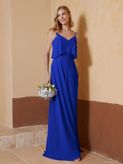 Robe de A-ligne à Col en V en Mousseline Longueur au Sol Bleu Royale Grande Taille