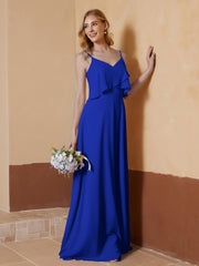 Robe de A-ligne à Col en V en Mousseline Longueur au Sol Bleu Royale Grande Taille
