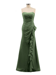 Sans Bretelles Fourreau Mousseline Robe avec Plissés Olive Verte