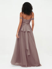 Robes Princesse en Tulle à Epaules Dénudées avec Nœud à Ceinture Dusk