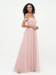 Robes Princesse en Tulle à Epaules Dénudées avec Nœud à Ceinture Rose Poudré