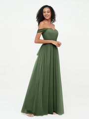 Robes Princesse en Tulle à Epaules Dénudées avec Nœud à Ceinture Olive Verte