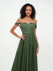 Robes Princesse en Tulle à Epaules Dénudées avec Nœud à Ceinture Olive Verte Grande Taille