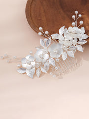 Peigne Accessoire Mariage Fleur et Feuille Argentée